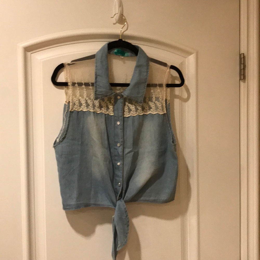 🎊Mint Green  button down washed jeans crop top